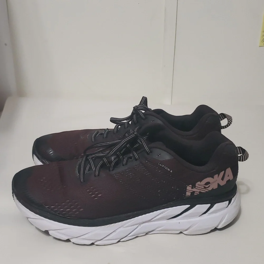 Hoka Clifton Running Black and‎ Burgundy Athletic Shoes